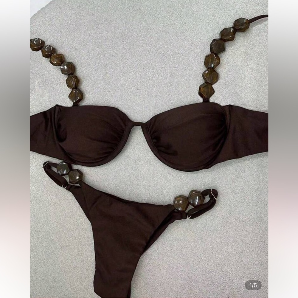 Chic Brown Bikini with Metal Ring Accents
